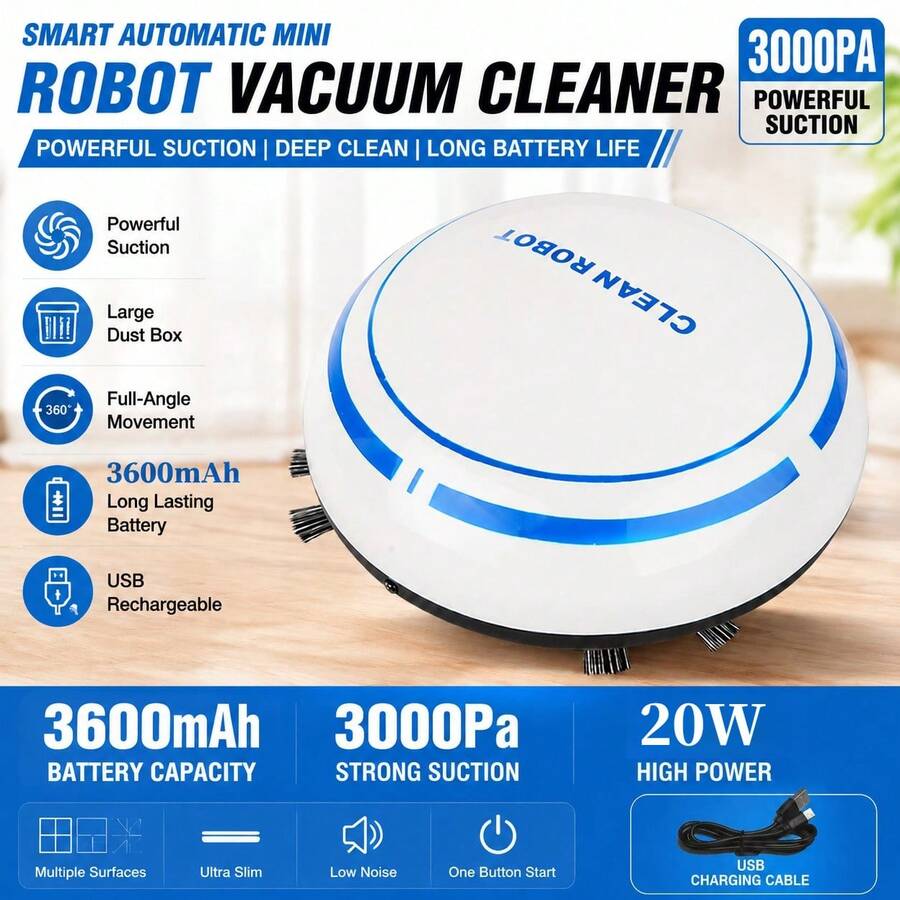 Smart Automatic Mini Robot Vacuum Cleaner, USB Rechargeable Household Sweeping Robot, Powerful Suction, Large Dust Box, Universal Wheel Full-Angle Movement, 3600mAh Long Lasting Battery, Lazy Home Cleaning Appliance - Smart Robot Vacuum - View 1