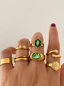 7pcs Set Luxury Sparkling Green Rhinestone Geometric Hoop Design Stackable Versatile Women's Jewelry - Golden D - View 6