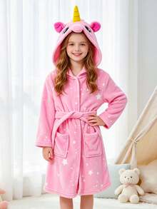 Tween Girl Pink Unicorn & Starry Sky Pattern Belted Sleep Robe - Multicolor - View 3