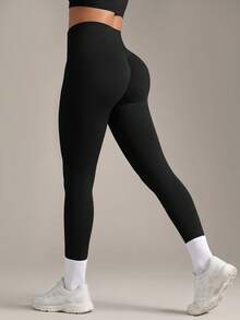 VVX Seamless V-Shaped Scrunch Butt Leggings, High Waist Tummy Control Stretch Yoga Workout Pants For Women - Black - View 2