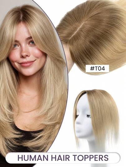 Topper in capelli umani per donna - Parrucca lunga liscia marrone scuro dall'aspetto naturale per zone calve e capelli diradati, versatile per lo styling, adatta per aumentare il volume dei capelli, con fusione senza cuciture, finitura lucida, pronta all'uso senza colla per le vacanze