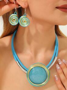European American African Niche High-End Vintage Colorful Resin Necklace & Earrings - Baby Blue - View 1