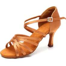 Women's Latin Dance Shoes Brown Satin Low-Cut Rhinestone Dance Shoes Women's Sports Shoes 5cm Mid-High Heel Summer Sandals Ballet Dance Shoes Home Sports Shoes Yoga Practice Dance Shoes Comfortable Soft Lightweight Performance Dance Ballroom Practice Dance Shoes - Brown - View 1