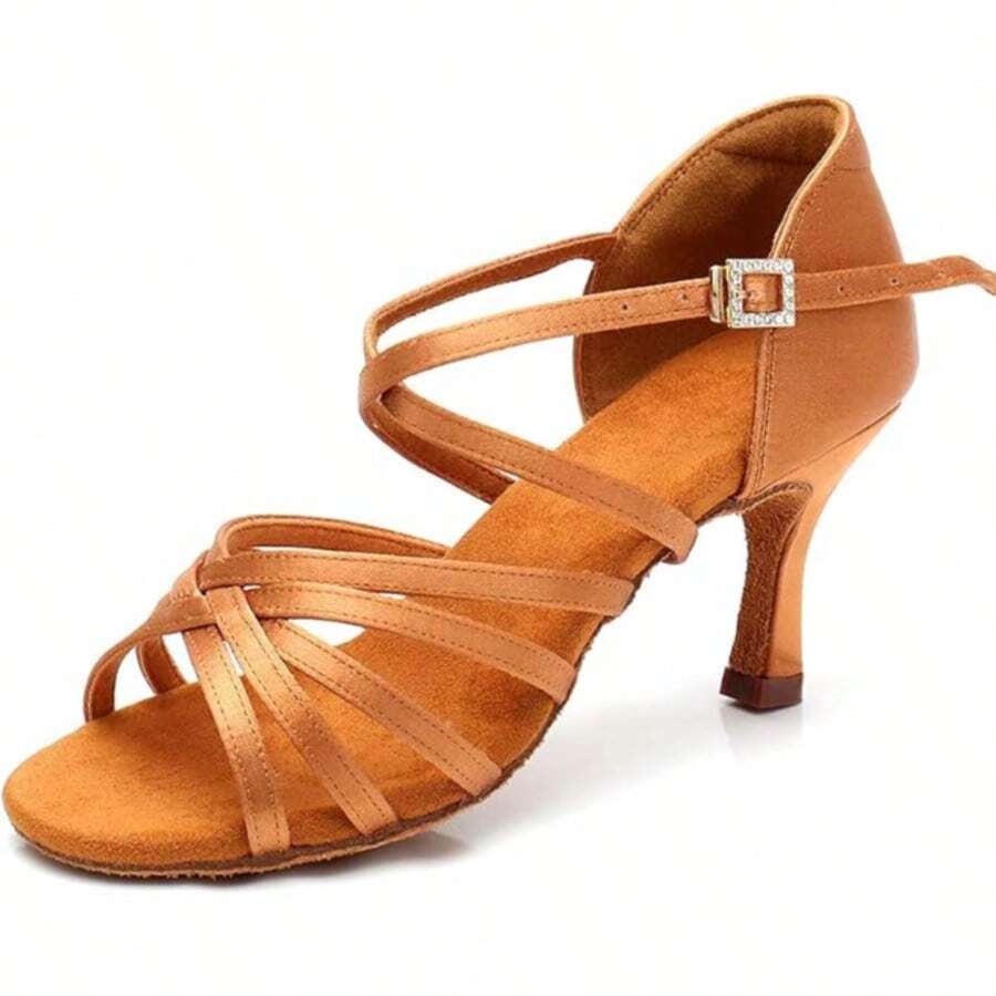 Women's Latin Dance Shoes Brown Satin Low-Cut Rhinestone Dance Shoes Women's Sports Shoes 5cm Mid-High Heel Summer Sandals Ballet Dance Shoes Home Sports Shoes Yoga Practice Dance Shoes Comfortable Soft Lightweight Performance Dance Ballroom Practice Dance Shoes - Brown - View 1