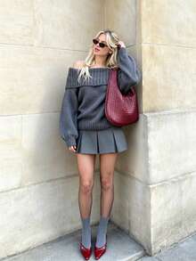 Women's Slouchy Off-Shoulder Sweater, Loose Fit Dropped Shoulder Chunky Knit Long Sleeve Pullover Top, Autumn/Winter - Grey - View 6