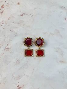 ZAA Antique Gold Two-Tier Gemstone Dangle Earrings, Vintage Medieval Earth Tone Statement Earrings For Fall Party - Geometric Resin Earrings - View 15