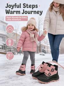 Girls' Colorblock Thermal-Lined Snow Boots With Hook-And-Loop, Warm, Anti-Slip, Wear-Resistant, Outdoor Cold-Proof Winter Boots - Pink - View 2