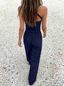 Spring/Summer Women Camisole Tight Top, Casual Color-Blocking Loose Suit, Fashionable Leisure Holiday Set Elegant - Navy Blue - View 5