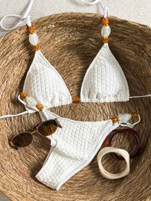 Bikinx Women's Halter Neck Backless Textured Fabric Bikini Set, Contrast Color Beaded Design, Casual Vacation Beach Style - White - View 7