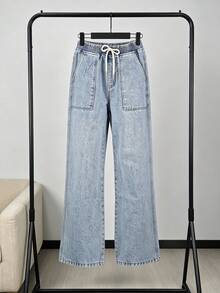 Pantalones vaqueros de corte amplio con cinturón elástico y cordón, bolsillos de trabajo amplios, tela suave lavada para disimular las piernas y favorecer la silueta casual diaria - azul claro - Ver 3