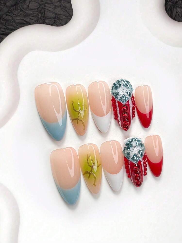 10pcs Minimalist Handmade Press-On Nails, Polygel Nail Art Set, Hand-Painted Pattern, Rhinestone Decor, Blue & Red Nail Polish, Fashionable Style, Includes Nail Tools, 3 Sizes Available, Almond, Duck, Coffin Shape, Suitable For Party, Dancing, Daily Wear - Multicolor - View 18