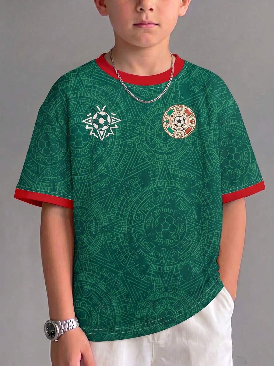 1 Stück Jungen American Football Trikot Kurzarm T-Shirt, mexikanischer Stil All-Over-Muster Totem-Emblem Kontrast Rot Saum Sport-Top, atmungsaktiv schnelltrocknend Fan T-Shirt, Streetwear Cool Style Lässig Outdoor Sport Kinderbekleidung