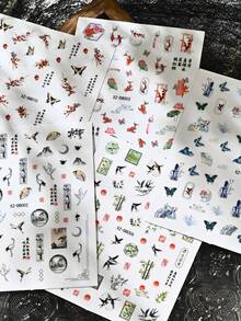 12入中式美甲貼紙 梅花鳥花枝圖案 自黏式美甲裝飾貼花 DIY美甲裝飾 - 彩色 - 查看 10
