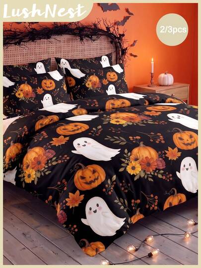 2pcs/3pcs Autumn Leaf Pumpkin Ghost Halloween Digital Printed Bedspread Set (1 Duvet Cover + 2 Pillowcases Without Insert) Suitable For Daily Use, Made Of Polyester And Other Synthetic Fibers, Soft And Comfortable For Skin, Suitable For Indoor Bedro