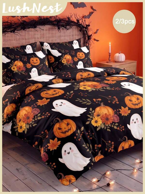 2pcs/3pcs Autumn Leaf Pumpkin Ghost Halloween Digital Printed Bedspread Set (1 Duvet Cover + 2 Pillowcases Without Insert) Suitable For Daily Use, Made Of Polyester And Other Synthetic Fibers, Soft And Comfortable For Skin, Suitable For Indoor Bedro