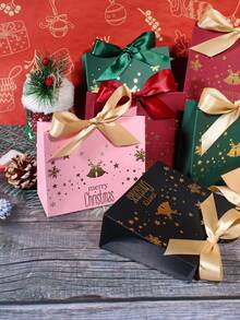 5pcs Merry Christmas Gift Bags With Satin Ribbon Bows, Gold Foil Bells Snowflakes Stars And Reindeer Print, Assorted Color Mini Packaging For Jewelry, Small Presents, Xmas Party Favors, Stocking Fillers And Holiday Gift Exchange - 11.5X4.5X10cm - View 2