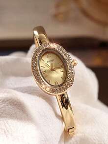 1pc Women's Oval Rhinestone Gold Bracelet Quartz Watch, Metallic Dial With Roman Numerals, Bezel Inlaid With Sparkling Rhinestones, Polished Open Bangle Wristwatch, Gold Jewelry, Summer Accessory. Suitable For Daily Commute, Summer Outings, Holiday Parties, Weddings, Back To School Season, Matches Various Outfits, Perfect Gift For Women, Exquisite And Sparkling, Elegant And Luxurious - Gold - View 3