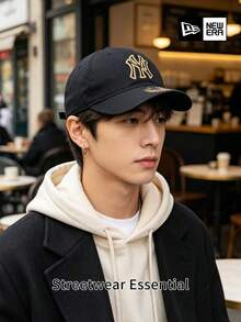 New Era Black NY Baseball Cap, Vintage Textured Design, Casual Street Style Daily Wear Hat - Black - View 3