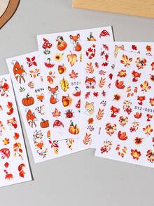 FULL BEAUTY 2/4pcs Autumn Red Maple Leaf & Fox Nail Stickers, Includes Floral, Pumpkin, Red Fox, Autumn Leaves, Colorful Lights Nail Decals, Autumn Nail Art Decoration DIY Thanksgiving Nail Supplies - Multicolor - View 9