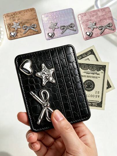 Star Heart Bow Thin Card Holder, 4-Slot Large Capacity Compact PU Crocodile Texture Multifunctional ID Card Sleeve, Lightweight Portable Bank Card ID Card Student Card Storage, Unisex Minimalist Niche Card Holder, Daily Travel Gift Small Card Wallet, Compact Thin Women's ID Storage Bag, Large Capacity Can Hold ID Card Bank Card Bus Card Access Card, Holiday Birthday Party Gift, Back To School Travel Portable Card Holder, Back To School And Travel Essential, Teacher's Day, Christmas, Halloween, Valentine's Day Gift