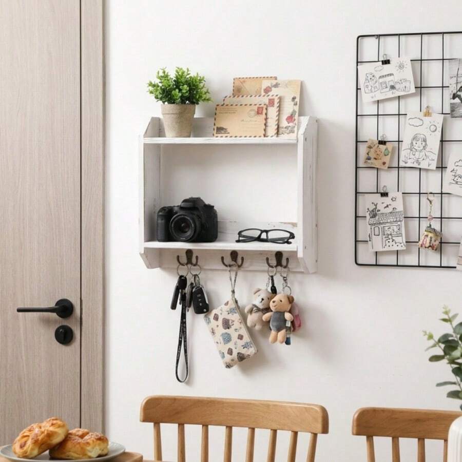 IDUK 1PC Wooden Key Hook Rack With Mail & Sundries Storage, Perfect For Entryway Apartment Home Office Organization Wall Mount Display Solution For Keys Letters Documents Accessories Storage - White - View 1
