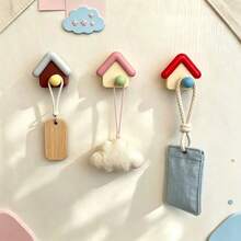 3pcs Creative Home Hooks Strong Adhesive No-Drill Wall Mount, Cute Little House Design Storage Hanging Rack Bedroom Bathroom Organizer, Random Color - View 4