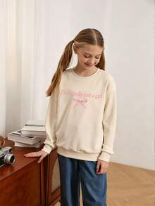 Sweatshirt Leher Bulat Motif Lucu untuk Anak Perempuan, Sweatshirt Pullover Leher Bulat yang Hangat dan Nyaman untuk Musim Gugur/Dingin - Aprikot - View 3