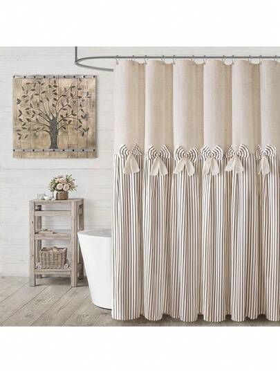 Farmhouse Shower Curtain Linen Bow Pleated Brown Stripe 72" X 84"L Farmhouse Style, Chic Bow, Striped, Linen Fabric, Rustic, Country, Natural Look, Washable, Bathroom Bathtub