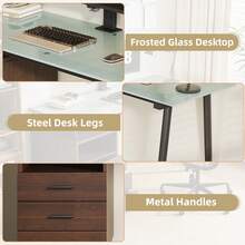 Modern Desk With Glass Top, 3 Drawers, Open Shelf And Metal Frame, Brown - 棕色 - 查看 9