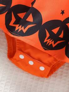 Infant Girls Halloween Outfit Set, Lace Trim Flutter Sleeve Pumpkin Ghost Face Star Print Bodysuit With Bow Decorated Hat, 2 Pieces Summer Set - Multicolor - View 8