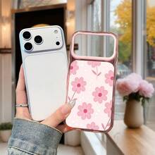 1 Stück modische minimalistische rosa Blumenmuster Kontrastfarbe Innenwelle 2-in-1 Acrylmaterial stoßfeste Handyhülle, Hautgefühl, galvanisierter Objektivrahmen, transparente Handy-Schutzhülle, geeignet für iPhone17promax/iPhone16 15 14 13 12 11/kompatibel mit Samsung S26ULTRA/S25ULTRA/S24ULTRA/ A58/A60/A78/ C53/C85/C71/C75/Honor Serie. - Pink - Übersicht 4