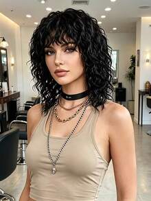 Natural Messy Medium-Long Curly Wavy Wig In Black And Brown, Heat-Resistant Synthetic Fiber, Suitable For Daily Wear, Parties And Halloween, With Bangs - Multicolor - View 14
