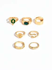 7pcs Set Luxury Sparkling Green Rhinestone Geometric Hoop Design Stackable Versatile Women's Jewelry - Golden D - View 3