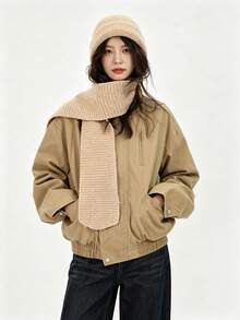 American Vintage Casual Stand Collar Flight Jacket, Street Style Loose Fit Solid Color Outerwear For Women Autumn/Winter - Khaki - View 5