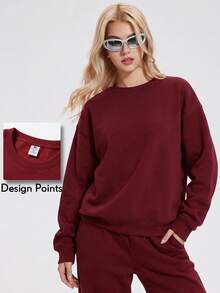 KyrLssu Sweatshirt Lengan Panjang Kerah Bulat Longgar Kasual untuk Wanita - Merah - View 1