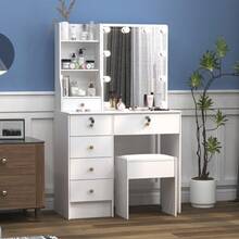 Teousev Dressing Table With LED Lights Mirror & Stool, Vanity Makeup Table With 5 Drawers, Open Storage Shelves, 3 Colour Adjustable Light, Lockable Drawers, White Cosmetic Desk For Bedroom - White - View 10