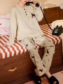 2 piezas/Set Pijama de mujer, conjunto de ropa de estar en casa, estampado de animales lindo, minimalista y juguetón, sudadera de cuello en V de manga larga y pantalones, para todas las estaciones - Albaricoque - Ver 5