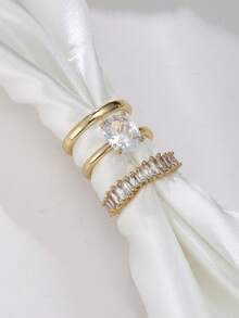 Eterna Glow Elegant Women's 3-Piece Gold Ring Set, Inlaid With Sparkling Oval Cubic Zirconia, Noble Wedding Party Stackable Engagement Wedding Accessory Jewelry - Style 1 - View 17