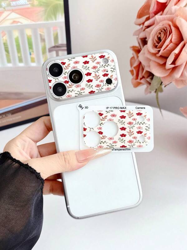 1pc Vintage Pink Red Mini Floral Print Full Coverage 9H Hardness Camera Lens Protector Film, Compatible With IPhone 18promax/18Pro/17promax/17pro, Anti-Oil Anti-Fall Anti-Explosion Bubble-Free Auto-Adsorption Easy Installation Protective Film