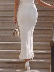 DONICY Women Elegant Outfit Autumn High Waist Textured Knit Midi Skirt, Bodycon Pencil Skirt With Ruffle Hem - White - View 2