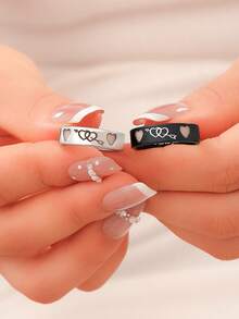 ATLVXJL 2pcs/Set Luminous Couple/Family/Friendship Glow-In-The-Dark Double Heart & Arrow Pattern Silver & Black Stainless Steel Couple Rings Set, Casual Jewelry Rings Suitable For Daily Wear And Holiday Gift Giving - Multicolor - View 2