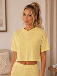 Sodalemon Women's Solid Color Hooded Deep U-Neck Backless Hollow-Out Drop Shoulder Drop Shoulder Short Home Cover-Up Top - Yellow - View 2