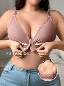 1pc Women Plus Size Comfortable Minimalist Front Closure Wireless Nursing Bra, Knit Fabric - Dusty Pink - View 5