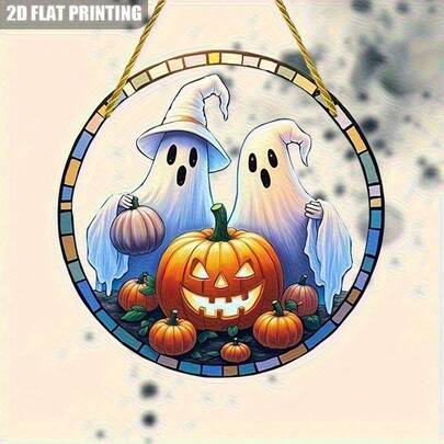 2D Flat Colorful Acrylic Sun Catcher, Round Acrylic Sign With Ghost And Pumpkin Pattern, Vintage Round Acrylic Sign Art Window Decor, Perfect For Halloween, Home Decor, Indoor Decoration And Holiday Party Gifts