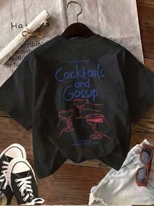 [Impresión a Doble Cara] Top de Moda para Mujer, Ropa de Verano para Mujer, Estilo Sencillo, Estampado de Copas de Vino y Cócteles, Cuello Redondo, Camiseta de Manga Corta. - Negro - Ver 2