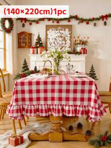 1pc Vintage Red & White Plaid Ruffle Edge Christmas Tablecloth, Cabinet/Coffee Table/TV Dust Cover, Suitable For Holiday Celebrations, Home Dining, Themed Parties, Photography Backdrop, Daily Decoration - Red - View 9