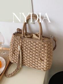 Portable, Lightweight Tassel Decor Drawstring Design Straw Bag,  For Teen Girls Women College Students - Khaki - View 2