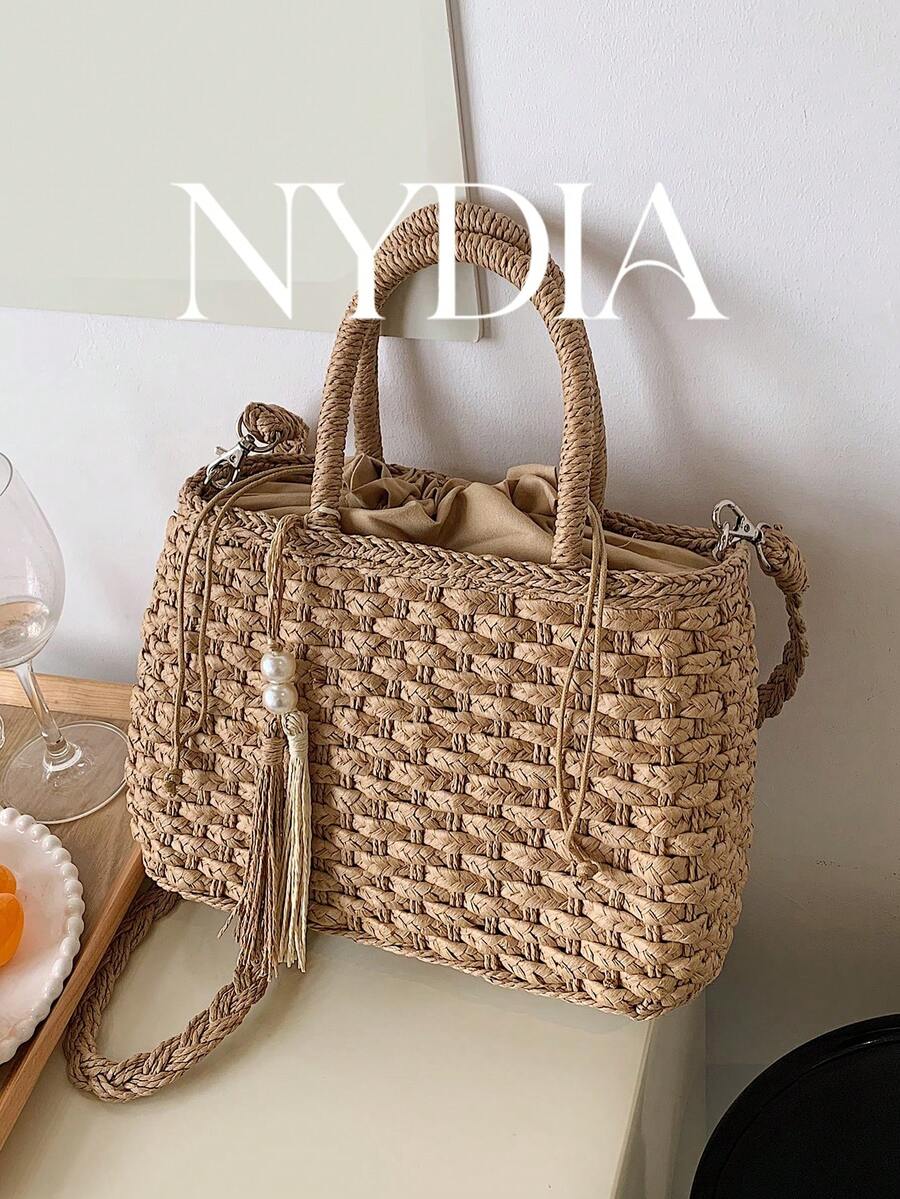 Portable, Lightweight Tassel Decor Drawstring Design Straw Bag,  For Teen Girls Women College Students