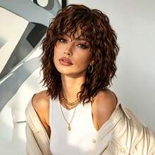 Natural Messy Medium-Long Curly Wavy Wig In Black And Brown, Heat-Resistant Synthetic Fiber, Suitable For Daily Wear, Parties And Halloween, With Bangs - Multicolor - View 4
