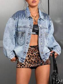 GILIPUR Women's Fashion Sequin Patchwork Washed Denim Jacket, Long Sleeve Lapel Motorcycle Style Outerwear, Suitable For Autumn Casual Wear - Blue - View 6